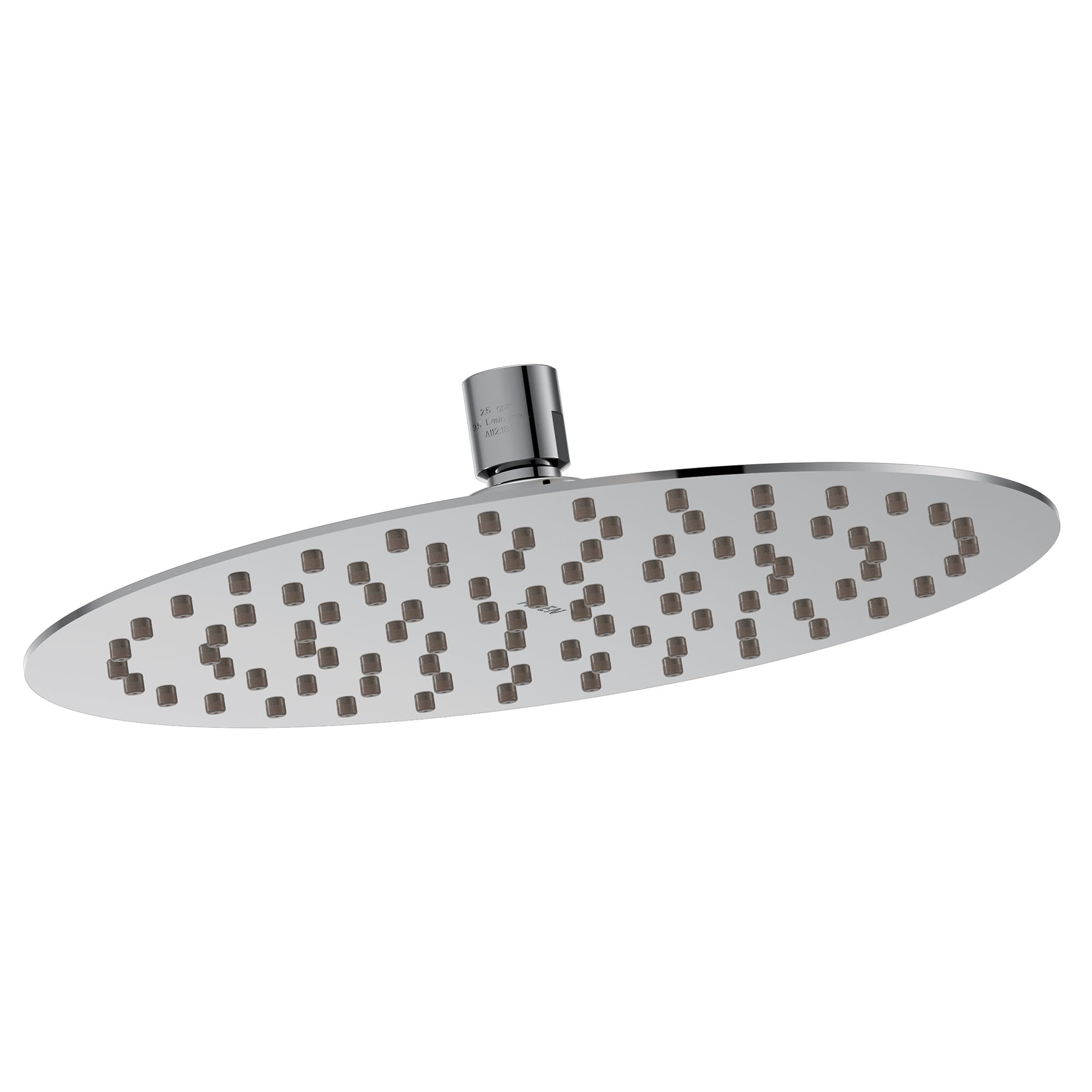 Round ceiling-mount rainshower head with multiple spray jets and chrome finish with bronze accents.