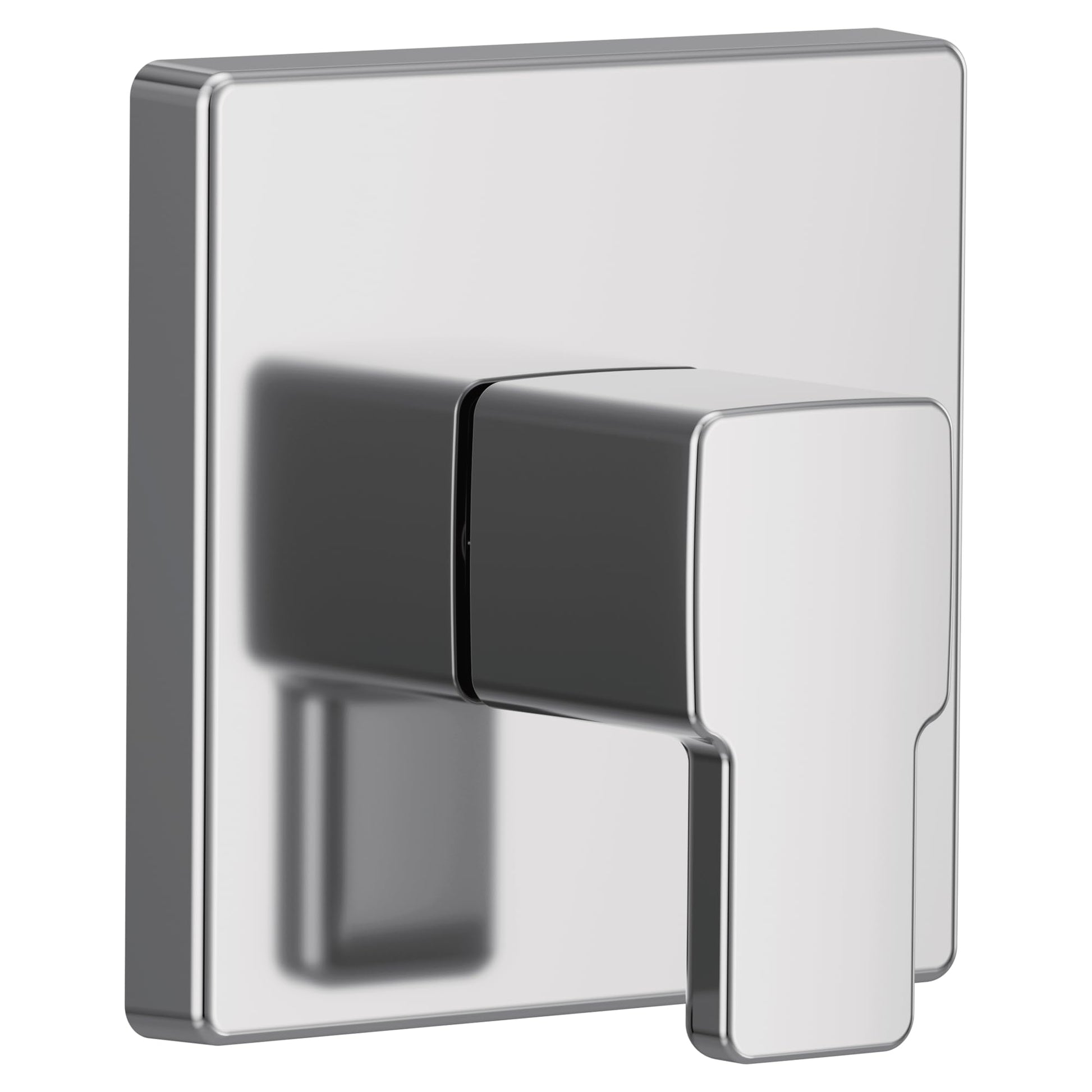 Chrome single-handle transfer valve trim with 90-degree angular design and rectangular escutcheon plate.