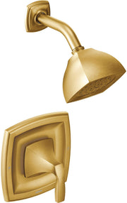Gold shower trim kit with curved showerhead, angled arm, and square valve trim plate with lever handle.