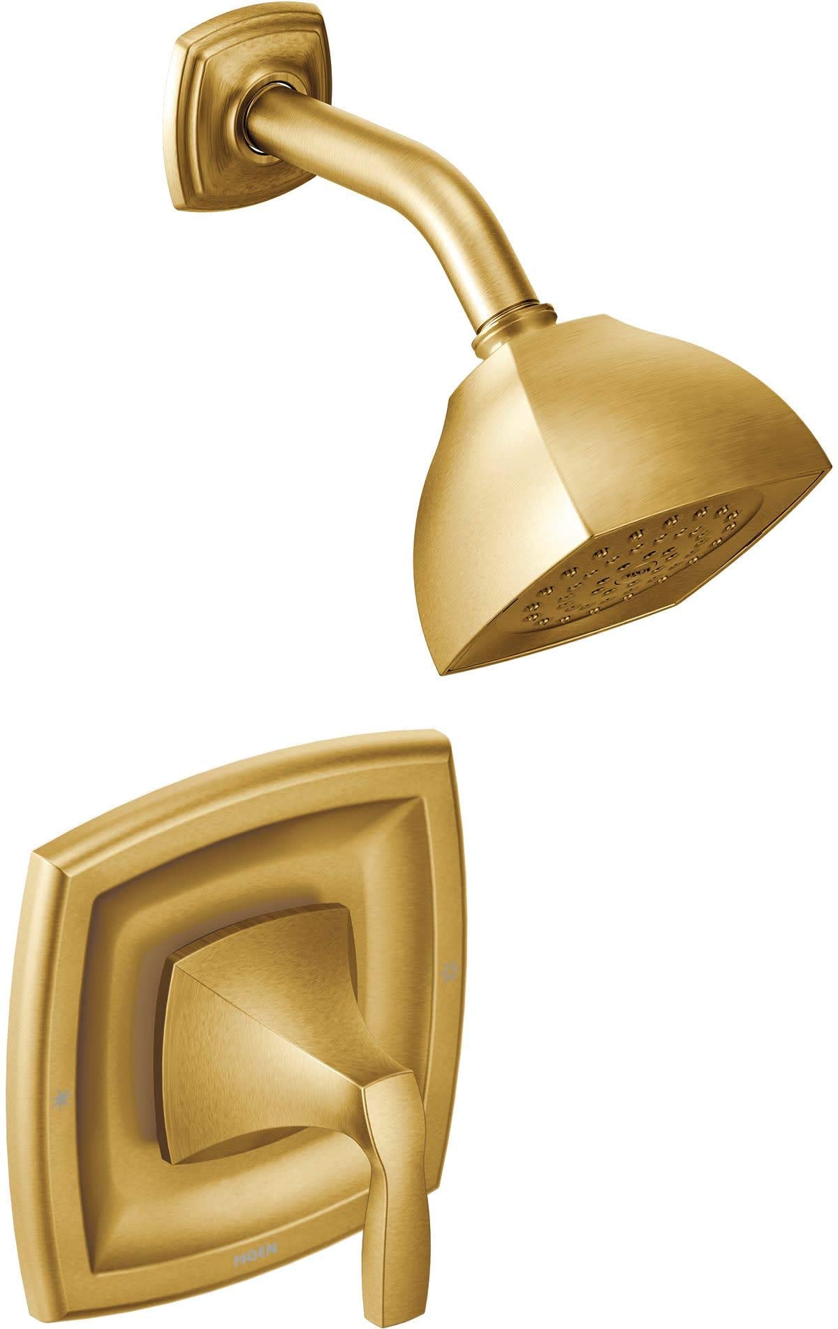 Gold shower trim kit with curved showerhead, angled arm, and square valve trim plate with lever handle.
