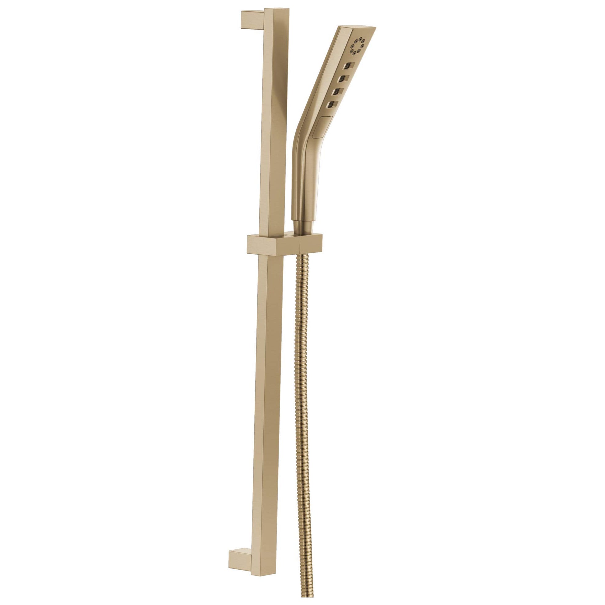 Champagne bronze square slide bar with hand shower head and flexible hose connection.