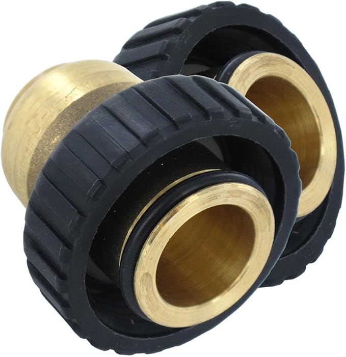 Black push connect water softener connectors with brass threaded inserts, 1 inch size.