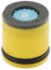 Grohe non-return valve with gray top cap, yellow cylindrical body, black rubber band, and blue internal component visible.