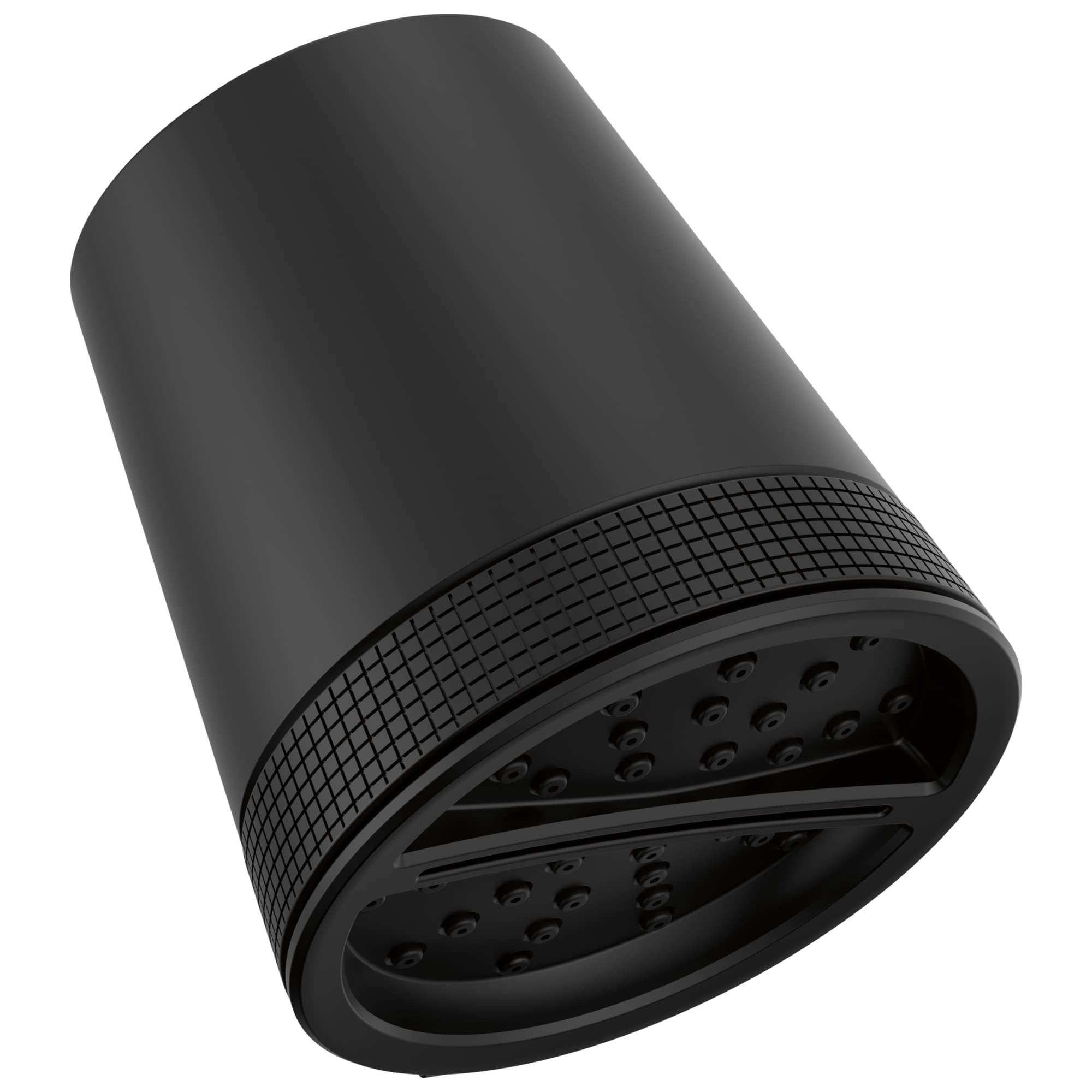 Black cylindrical shower head with textured grip band and multiple spray holes visible on the adjustable face.