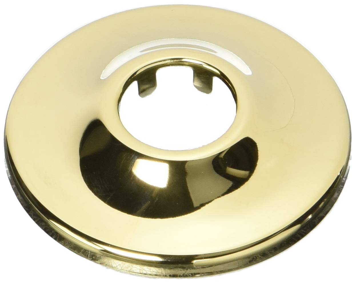 Polished brass circular shower flange with central opening and chrome trim ring.