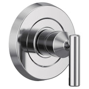 Chrome shower valve trim with single lever handle and circular escutcheon plate.
