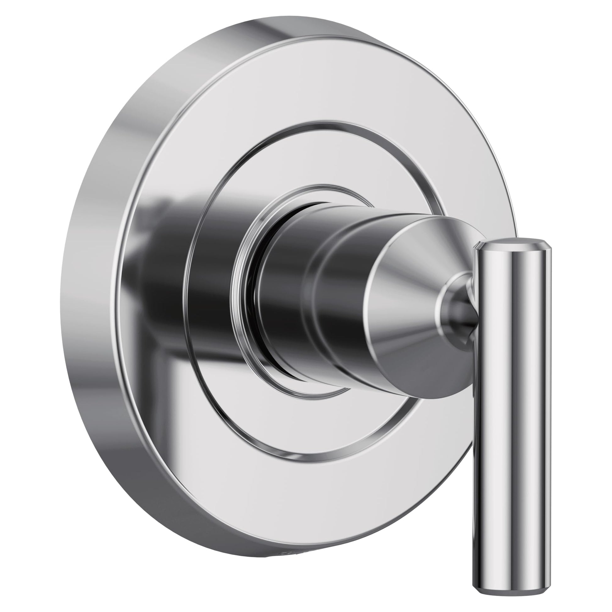 Chrome shower valve trim with single lever handle and circular escutcheon plate.