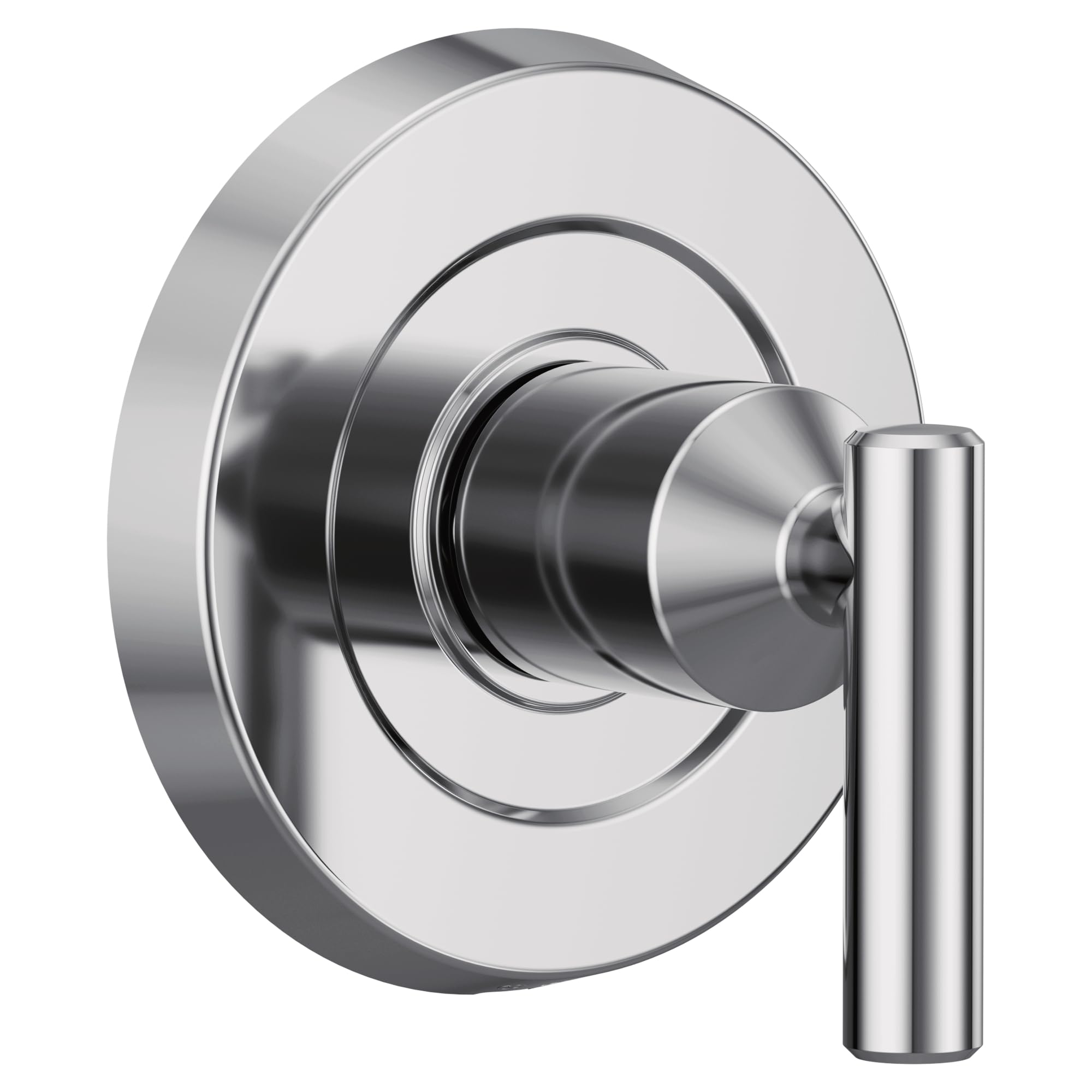 Chrome shower valve trim with single lever handle and circular escutcheon plate.