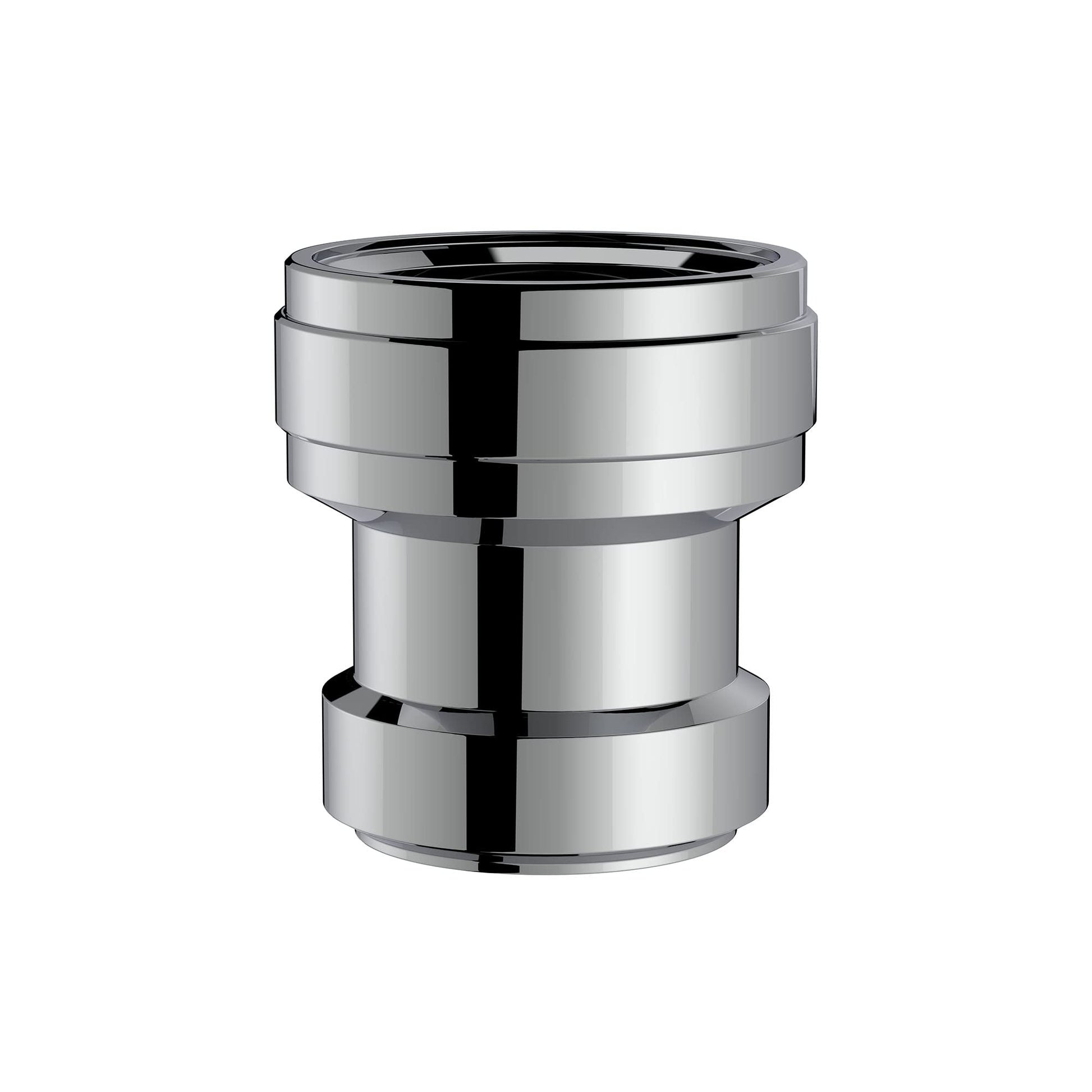 Polished chrome check valve with cylindrical body and tiered connection ports.