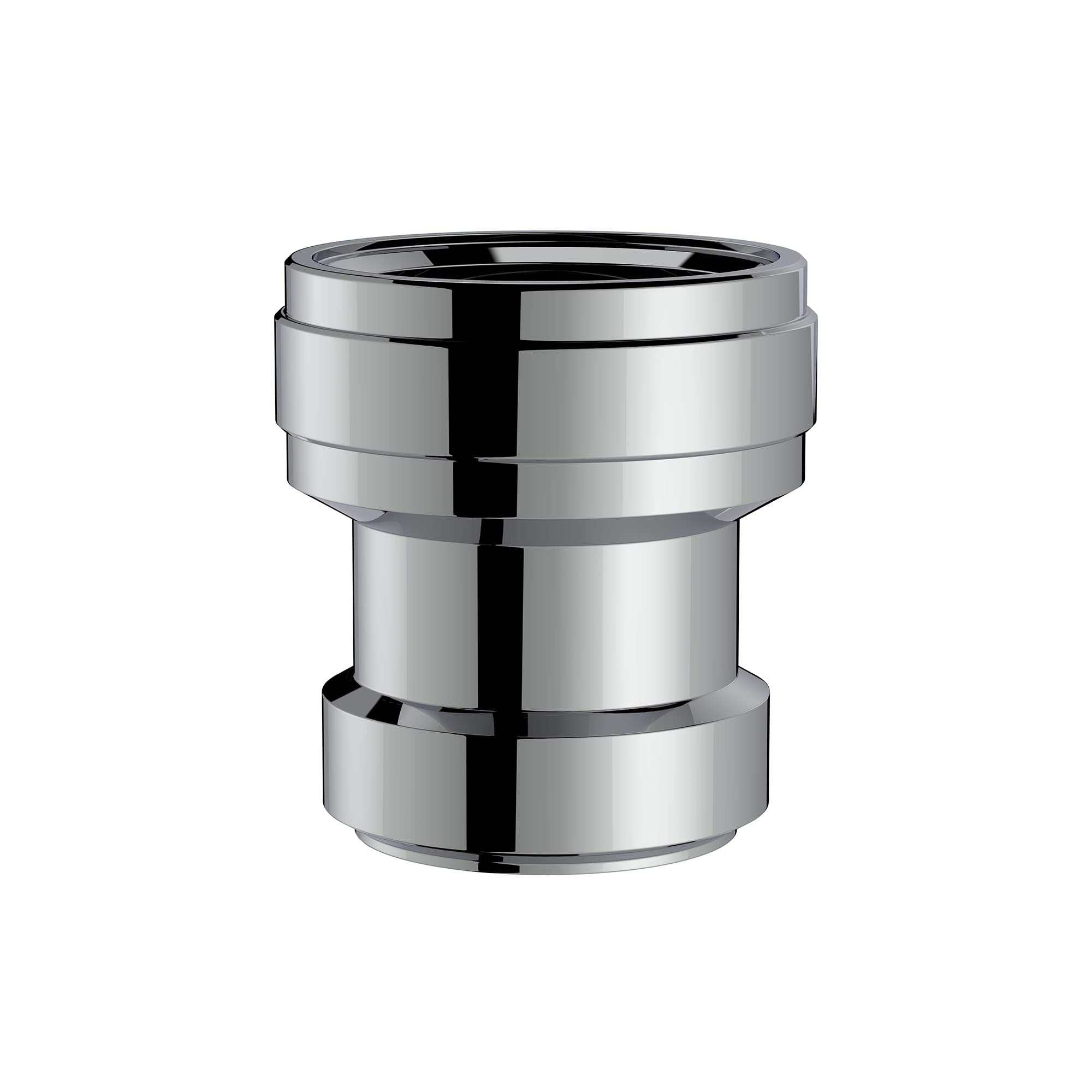 Polished chrome check valve with cylindrical body and tiered connection ports.