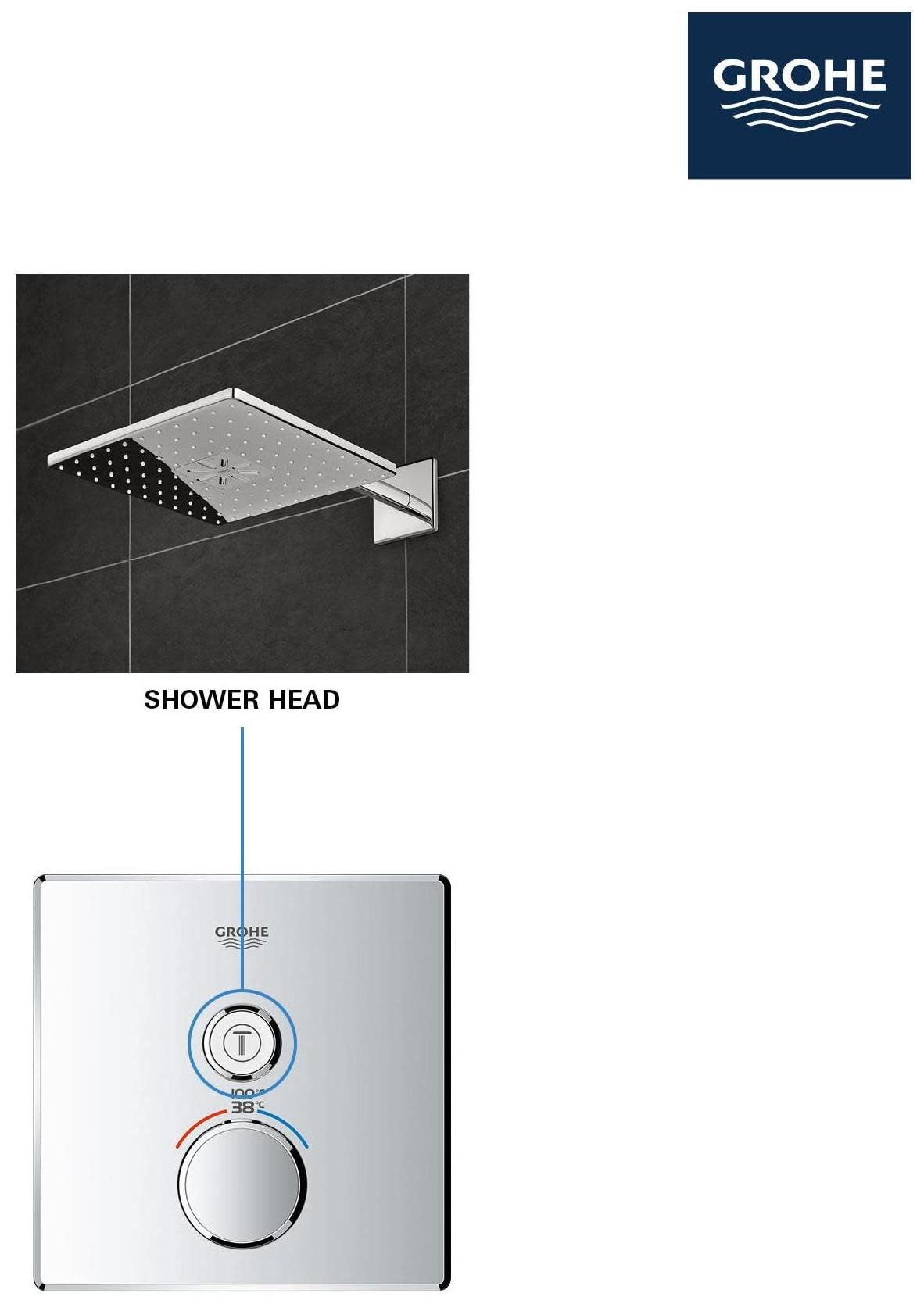 Matte black thermostatic shower valve trim with single control dial and rectangular wall-mounted plate below perforated showe