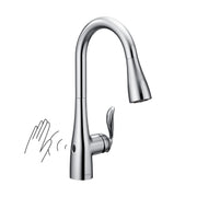 Chrome pulldown kitchen faucet with single handle and motion sensor activation shown with hand gesture.