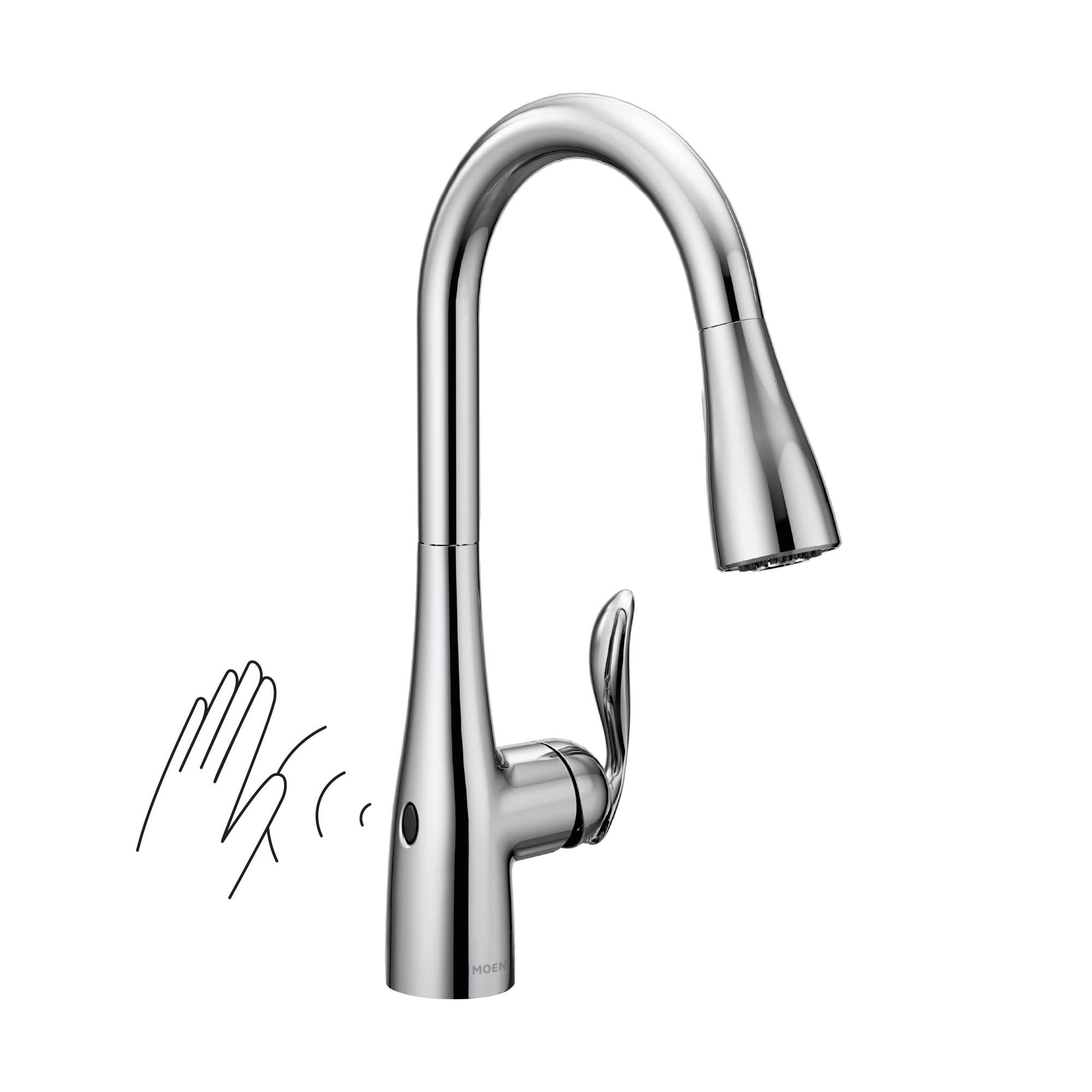 Chrome pulldown kitchen faucet with single handle and motion sensor activation shown with hand gesture.