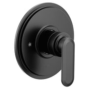 Matte black tub and shower trim with circular escutcheon plate and lever handle control.