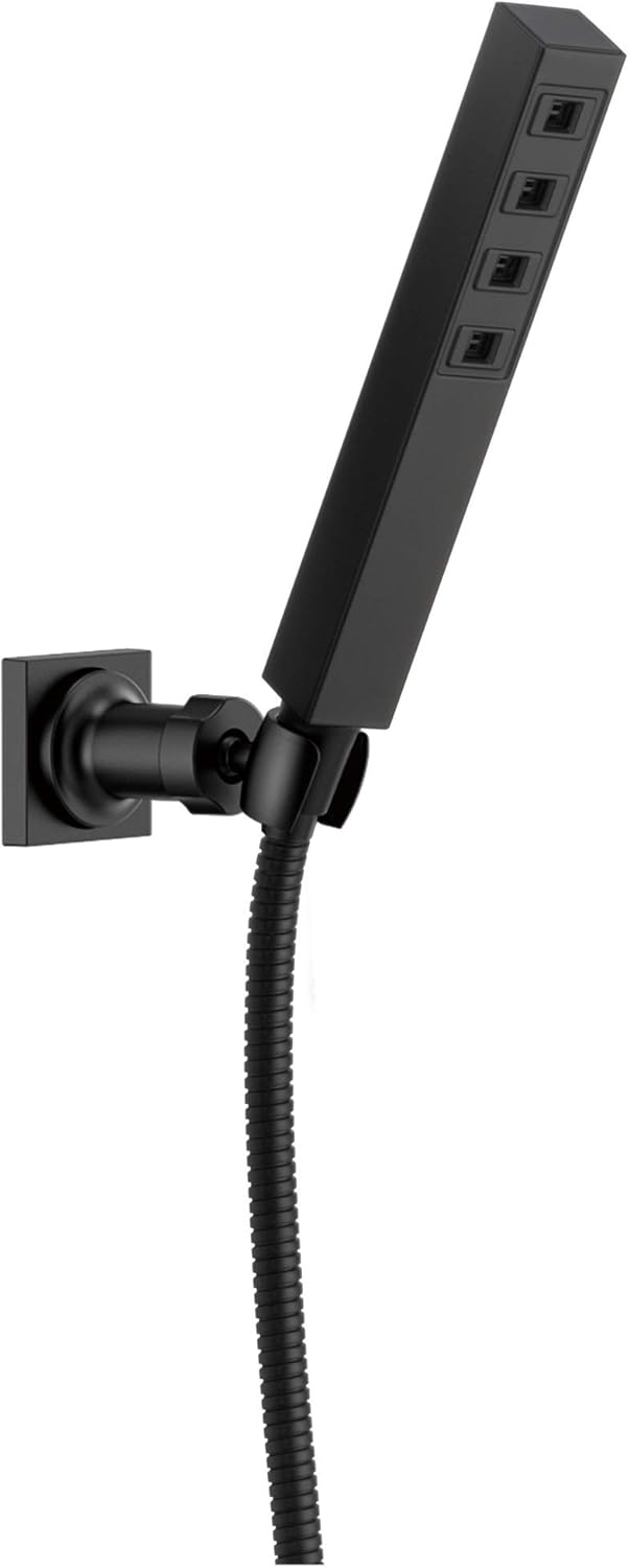 Black square hand shower with adjustable wall mount bracket and flexible hose.