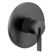 Moen Cia matte black single-handle valve trim with round escutcheon plate and lever handle.