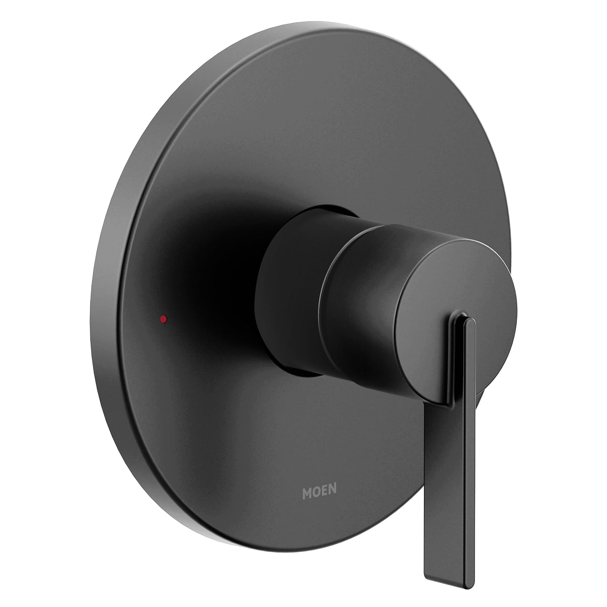 Moen Cia matte black single-handle valve trim with round escutcheon plate and lever handle.