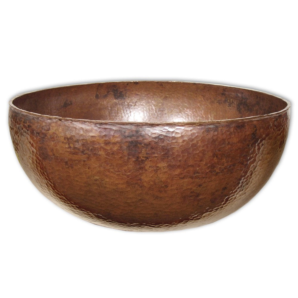 Hammered copper vessel sink with deep bowl shape and textured surface in brown metallic finish.