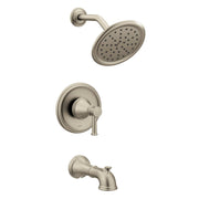 Brushed nickel tub and shower trim kit with overhead showerhead, control handle, and tub spout.