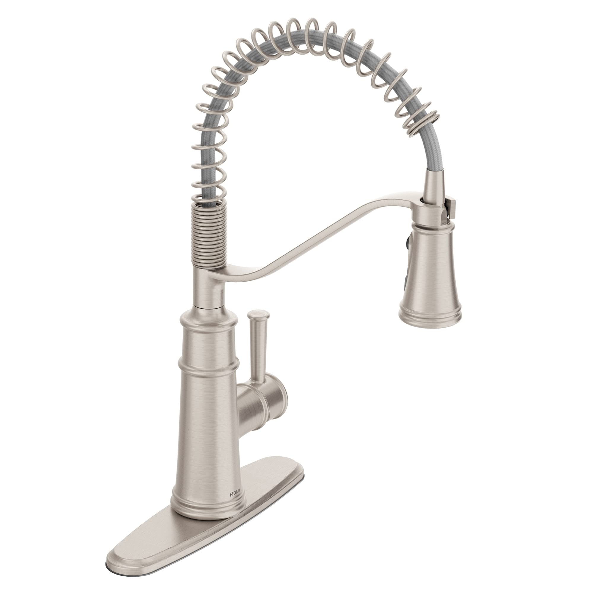 Stainless steel kitchen faucet with coiled spring spout, single handle, and rectangular base.