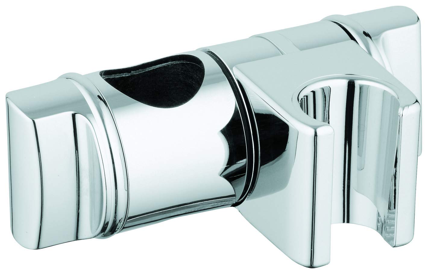 Chrome shower head holder with adjustable glide mount and black rubber grip, flanked by two square bracket attachments.