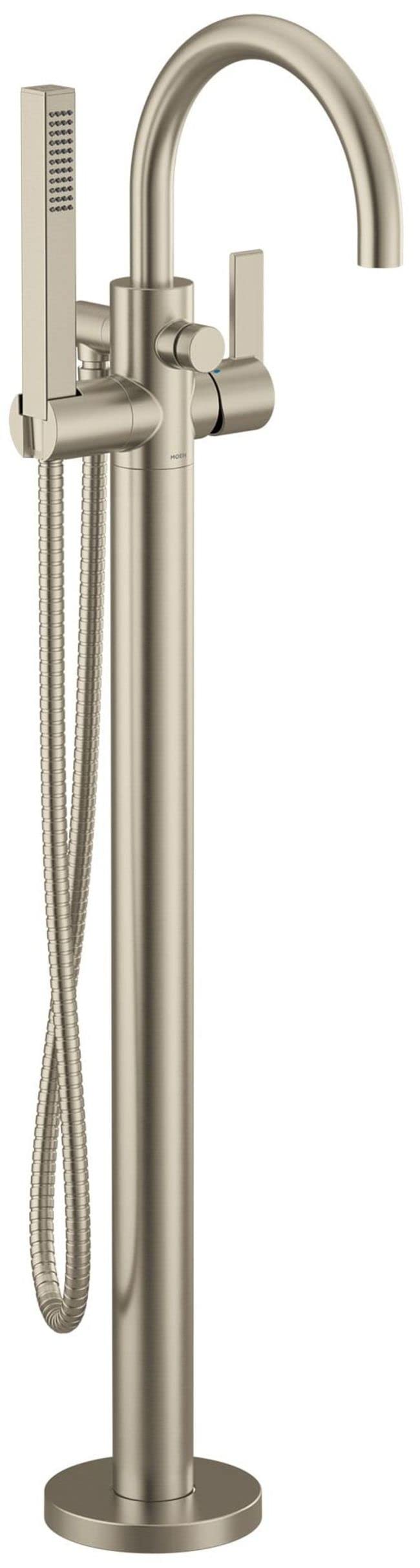 Brushed nickel freestanding tub filler with curved spout, single handle, handshower, and floor mount base.