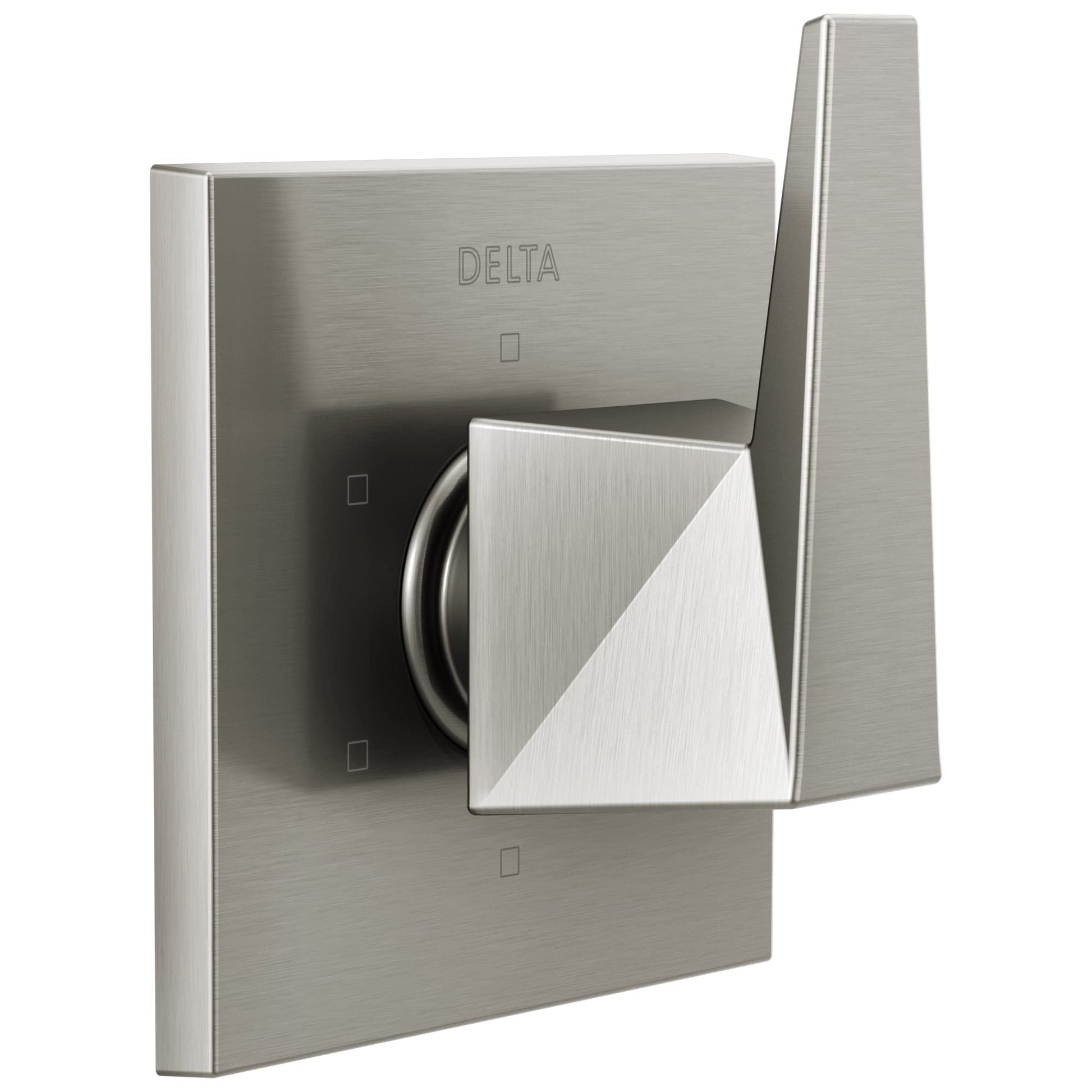 Brushed nickel Delta diverter trim with square backplate and angled lever handle.
