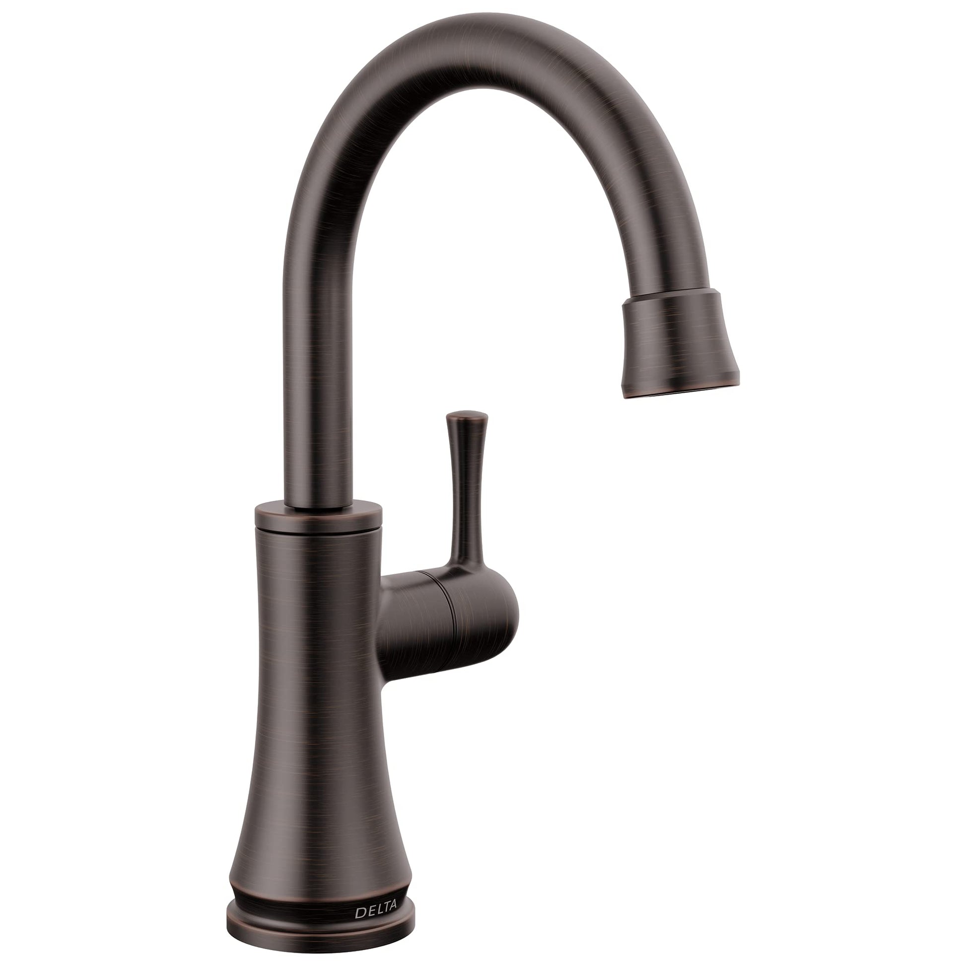 Single-handle beverage faucet with gooseneck spout and pull-down spray in dark bronze finish.