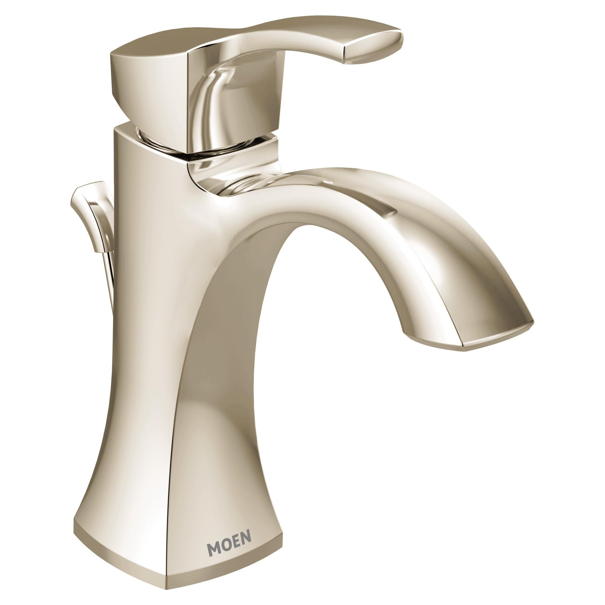Polished nickel single-handle bathroom sink faucet with curved spout and lever handle.