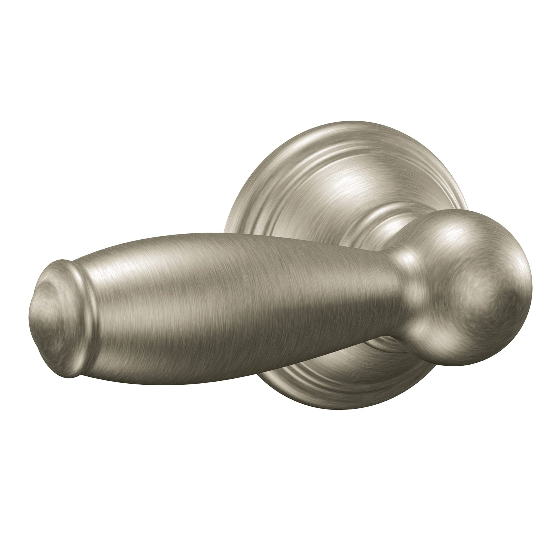 Brushed nickel toilet tank lever handle with elongated barrel and spherical grip.