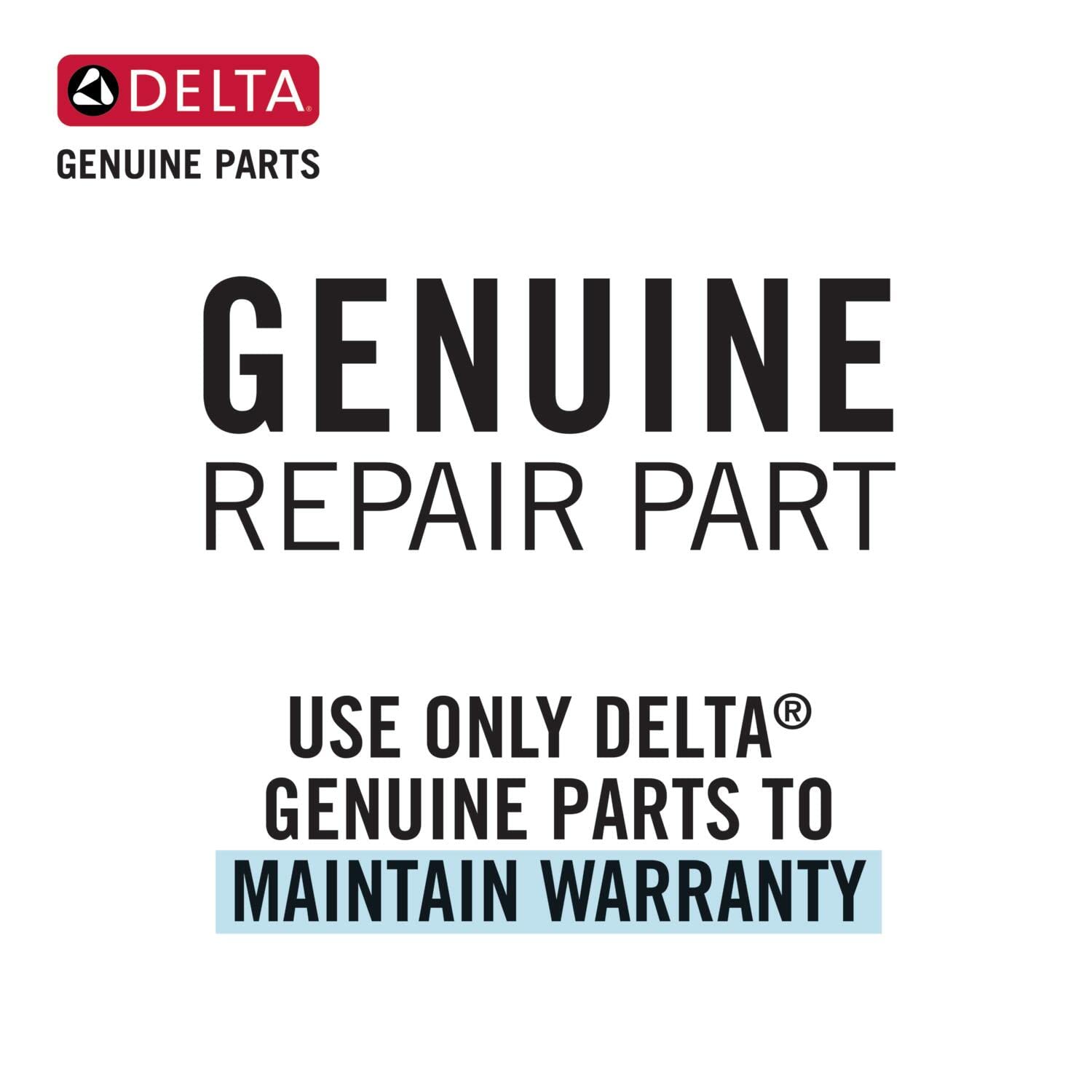 Delta genuine repair part documentation label with red logo and warranty information text.