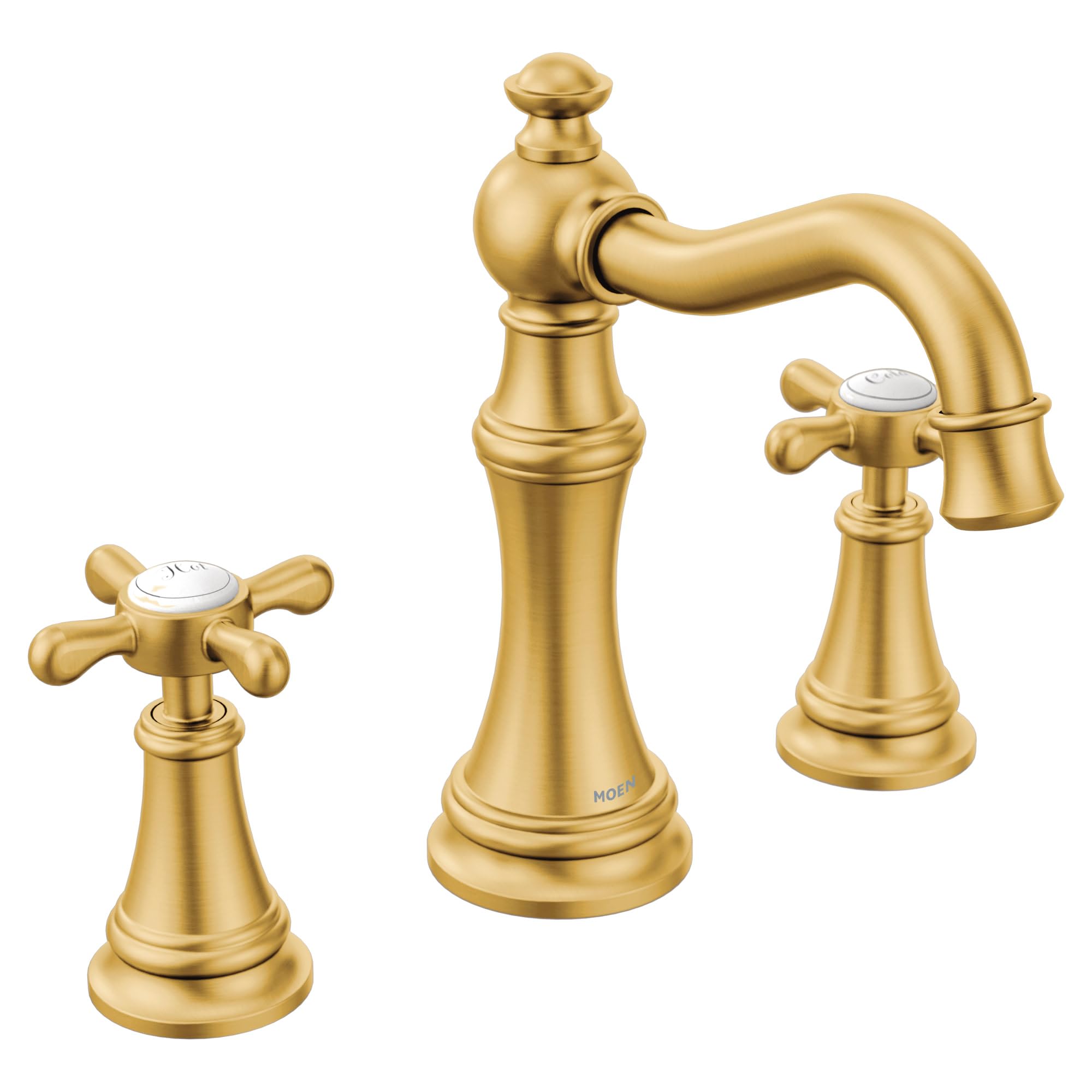 Brushed gold two-handle widespread bathroom faucet trim with cross handles and curved spout.