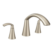 Brushed nickel tub and shower faucet with curved spout and two cone-shaped handles.