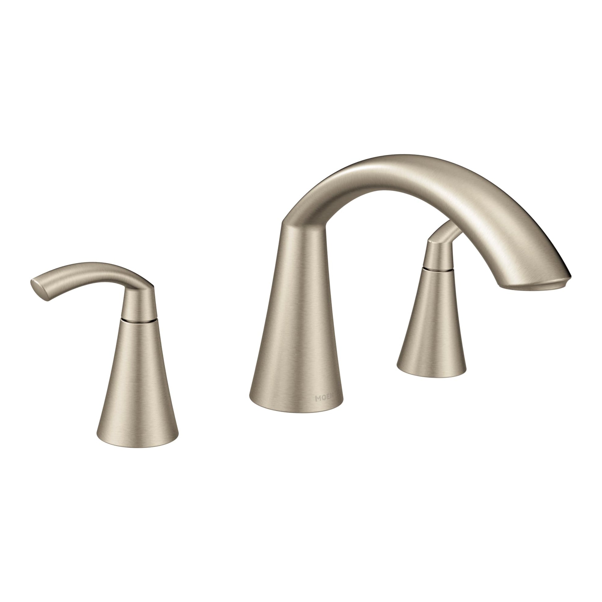 Brushed nickel tub and shower faucet with curved spout and two cone-shaped handles.