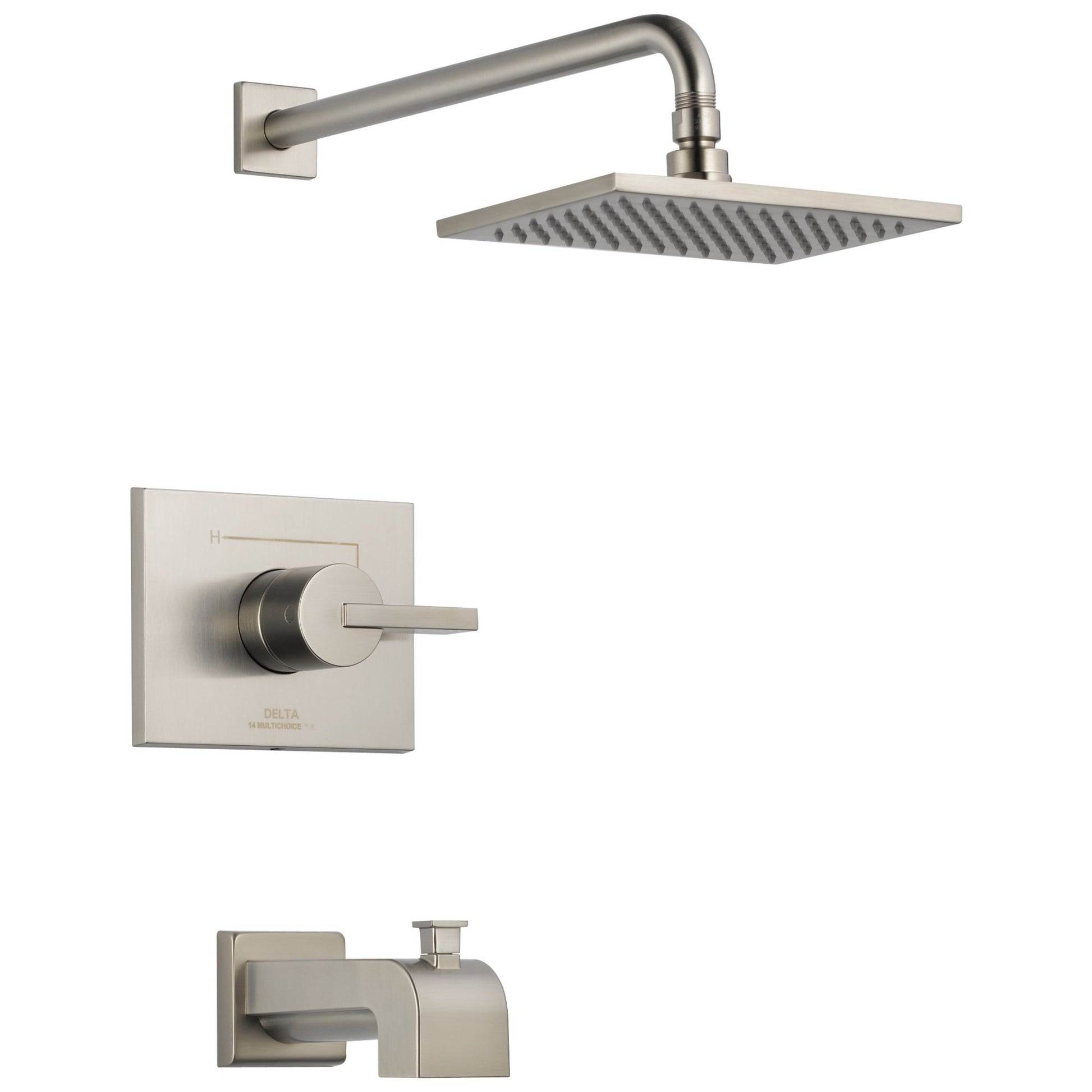 Brushed nickel tub and shower trim with square showerhead, curved arm, single-lever valve, and tub spout.