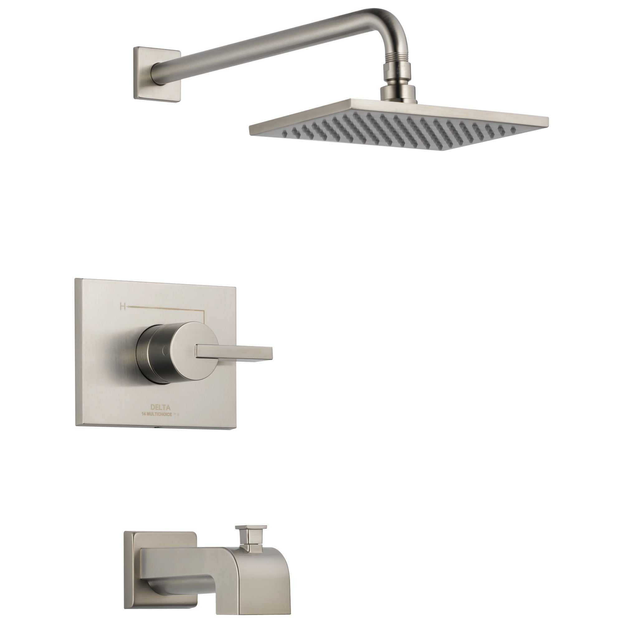 Brushed nickel tub and shower trim with square showerhead, curved arm, single-lever valve, and tub spout.