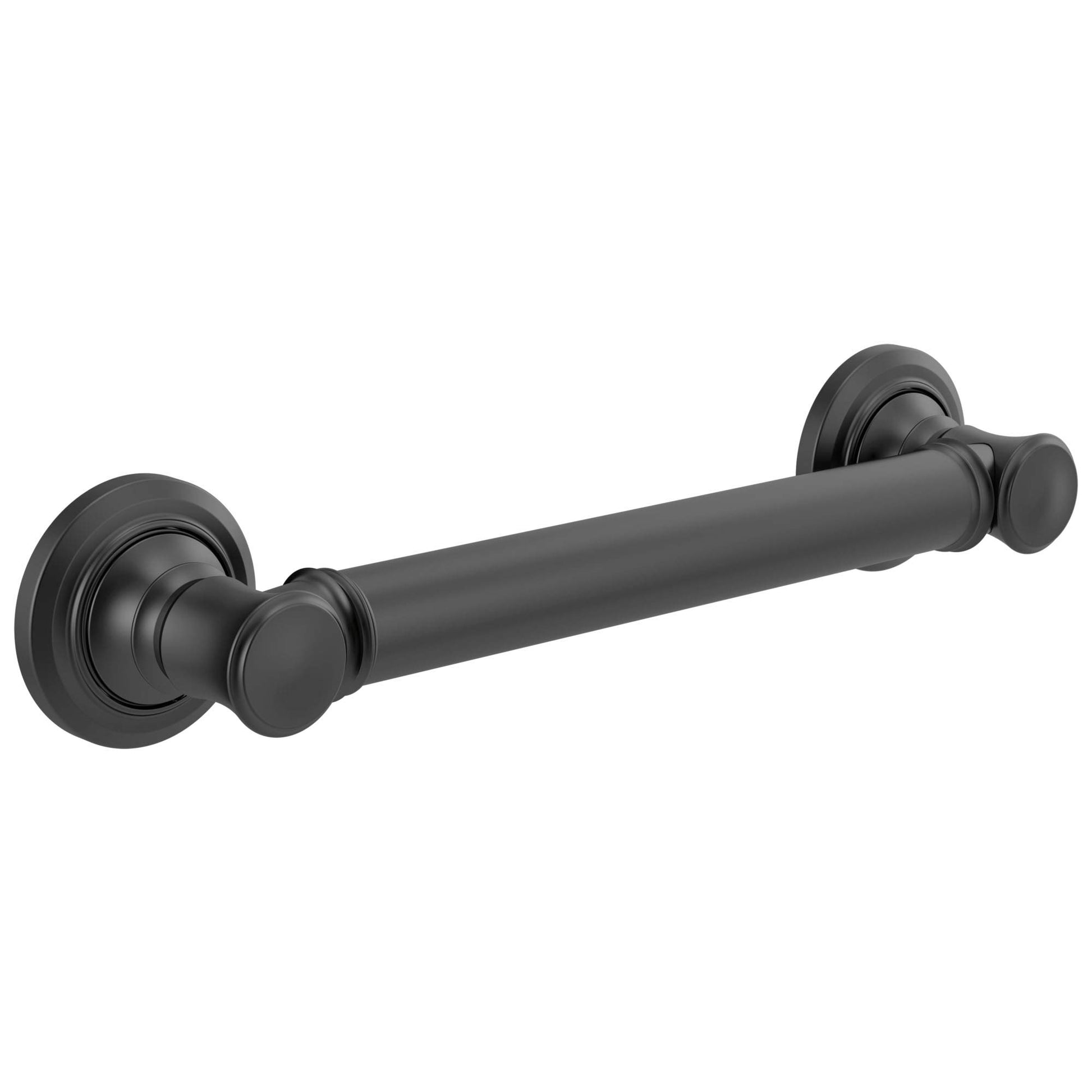 Matte black 12-inch grab bar with decorative round flanges and knurled end caps on both sides.