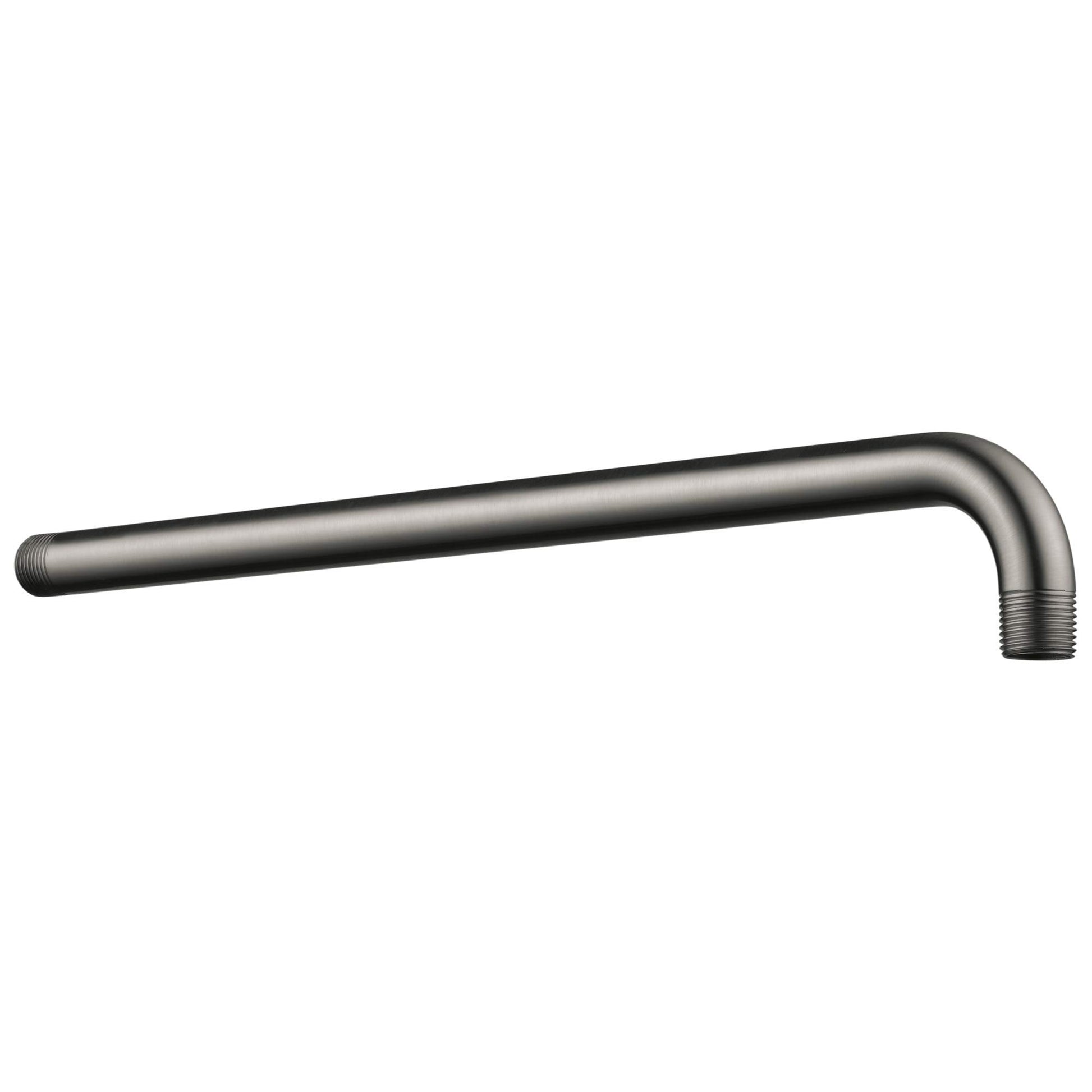 Black stainless steel shower arm with 90-degree bend and threaded connections on both ends.