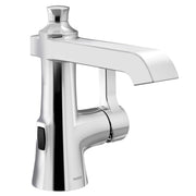 Chrome bathroom sink faucet with single handle, curved spout, and motion sensor on base.
