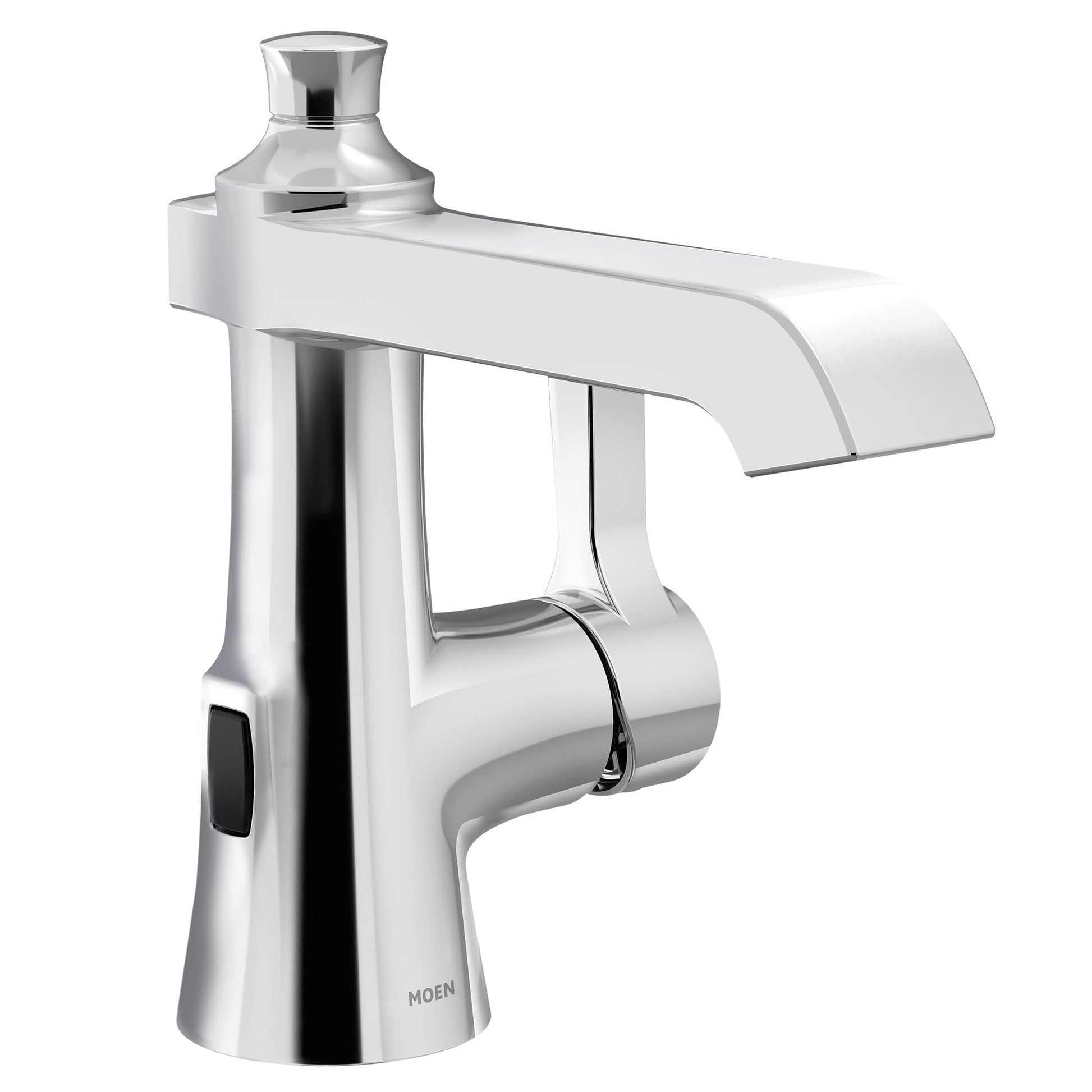 Chrome bathroom sink faucet with single handle, curved spout, and motion sensor on base.