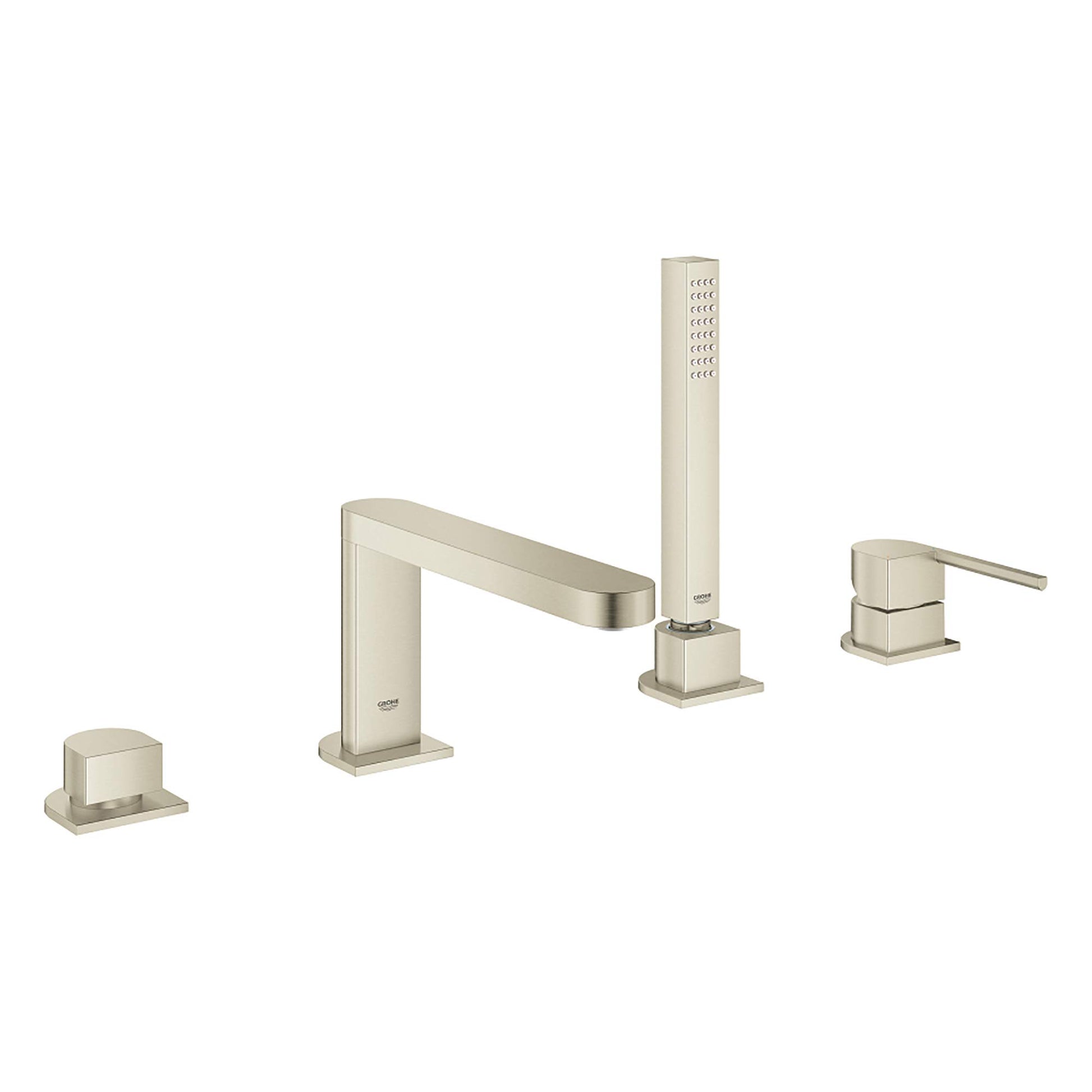 Four-piece brushed nickel Roman tub faucet with single handle, tall hand shower, and matching deck-mount components.