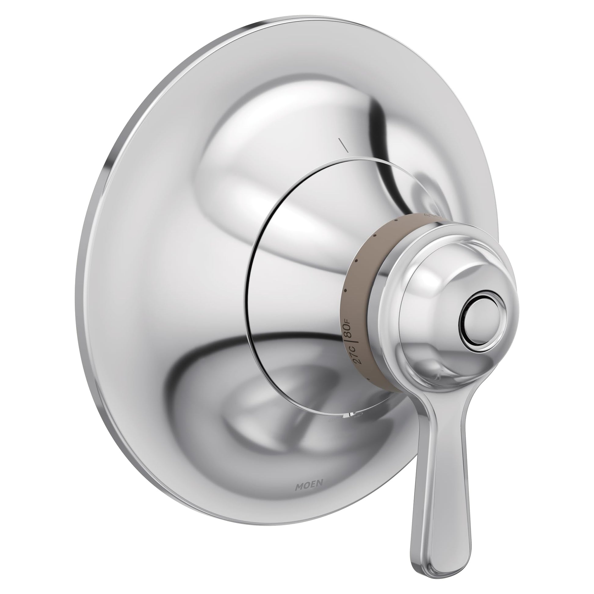 Chrome thermostatic shower valve trim with round escutcheon plate and single lever handle.