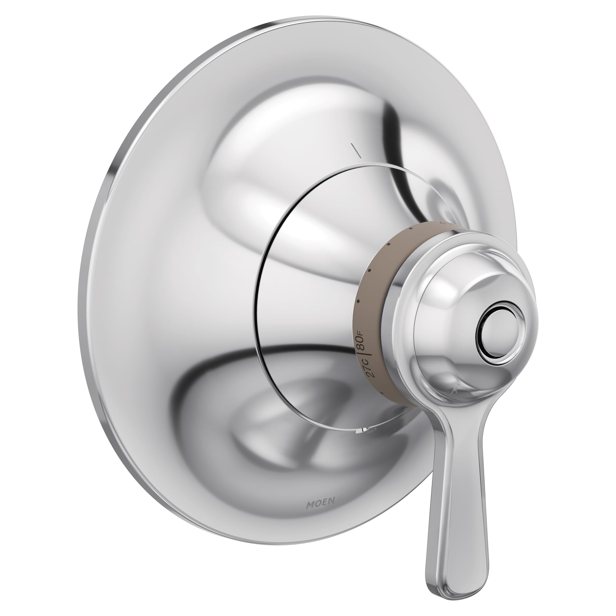 Chrome thermostatic shower valve trim with round escutcheon plate and single lever handle.