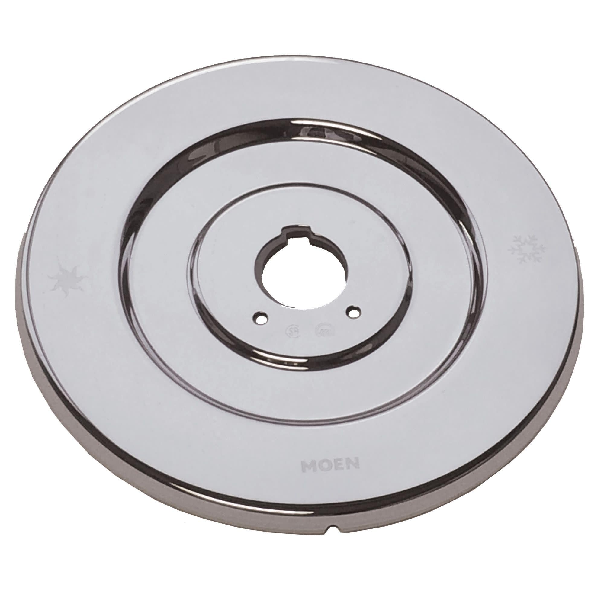 Chrome escutcheon plate with concentric circular rings and central mounting hole for single handle faucet trim.