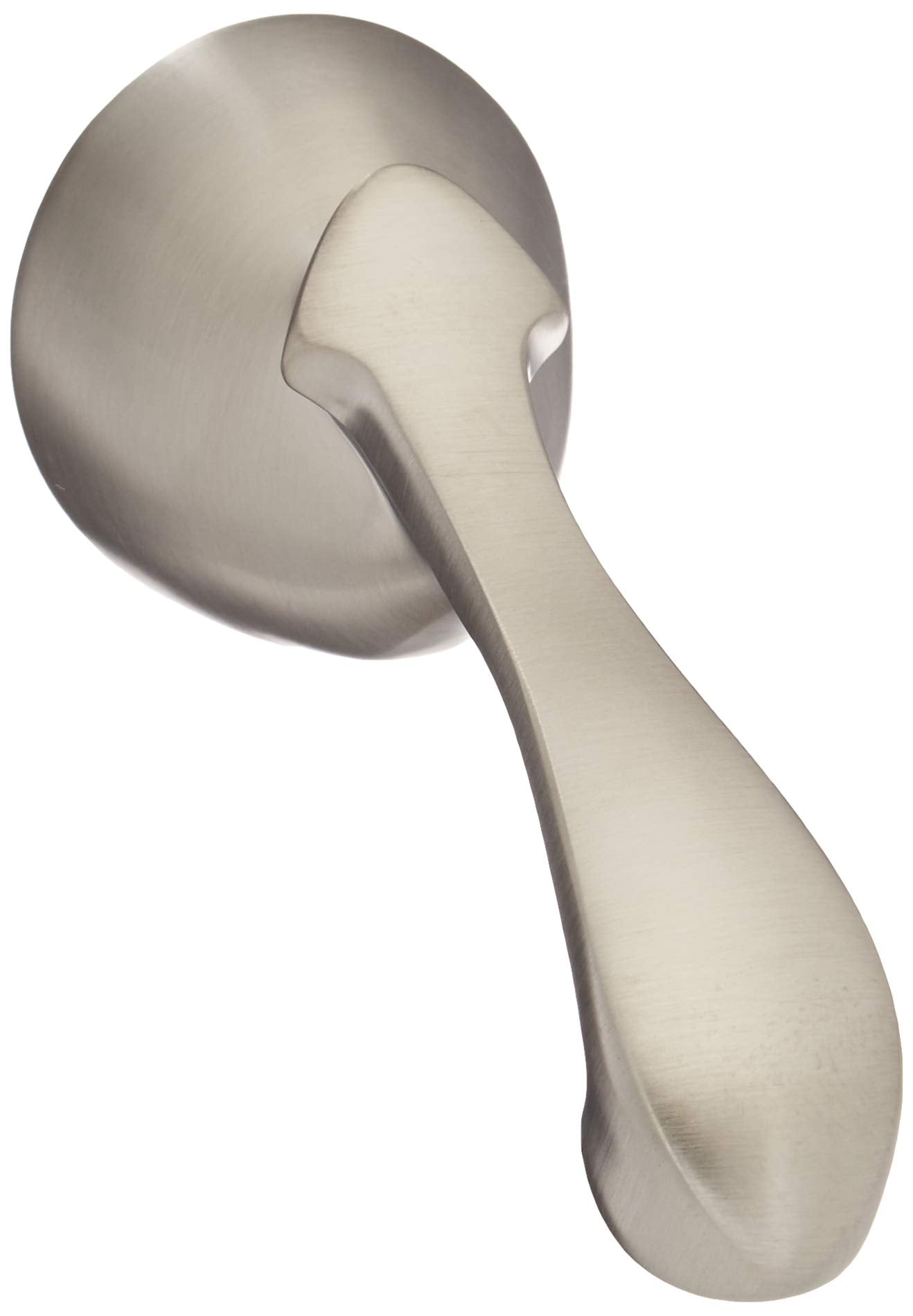 Stainless steel lever handle with curved design and round escutcheon plate.