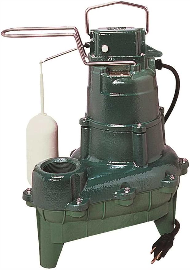 Green cast iron sewage pump with piggyback switch, discharge hose, and white float switch attached.