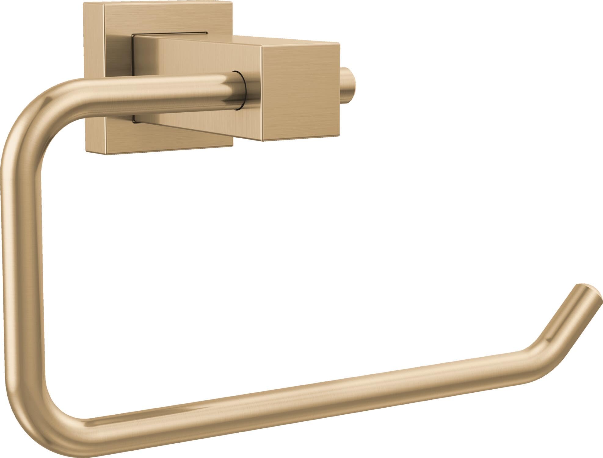 Champagne bronze tissue holder with curved bar and square mounting plate for wall installation.