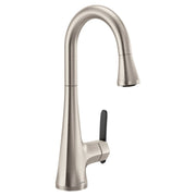 Stainless steel pulldown kitchen faucet with high arc spout, single handle, and black accent lever.