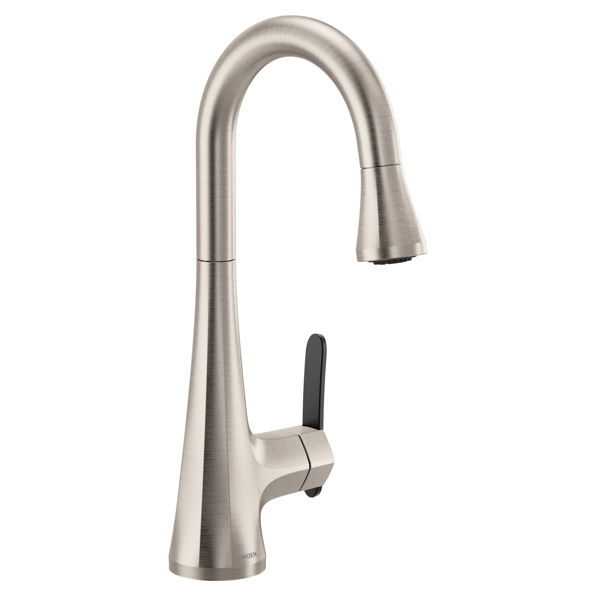 Stainless steel pulldown kitchen faucet with high arc spout, single handle, and black accent lever.