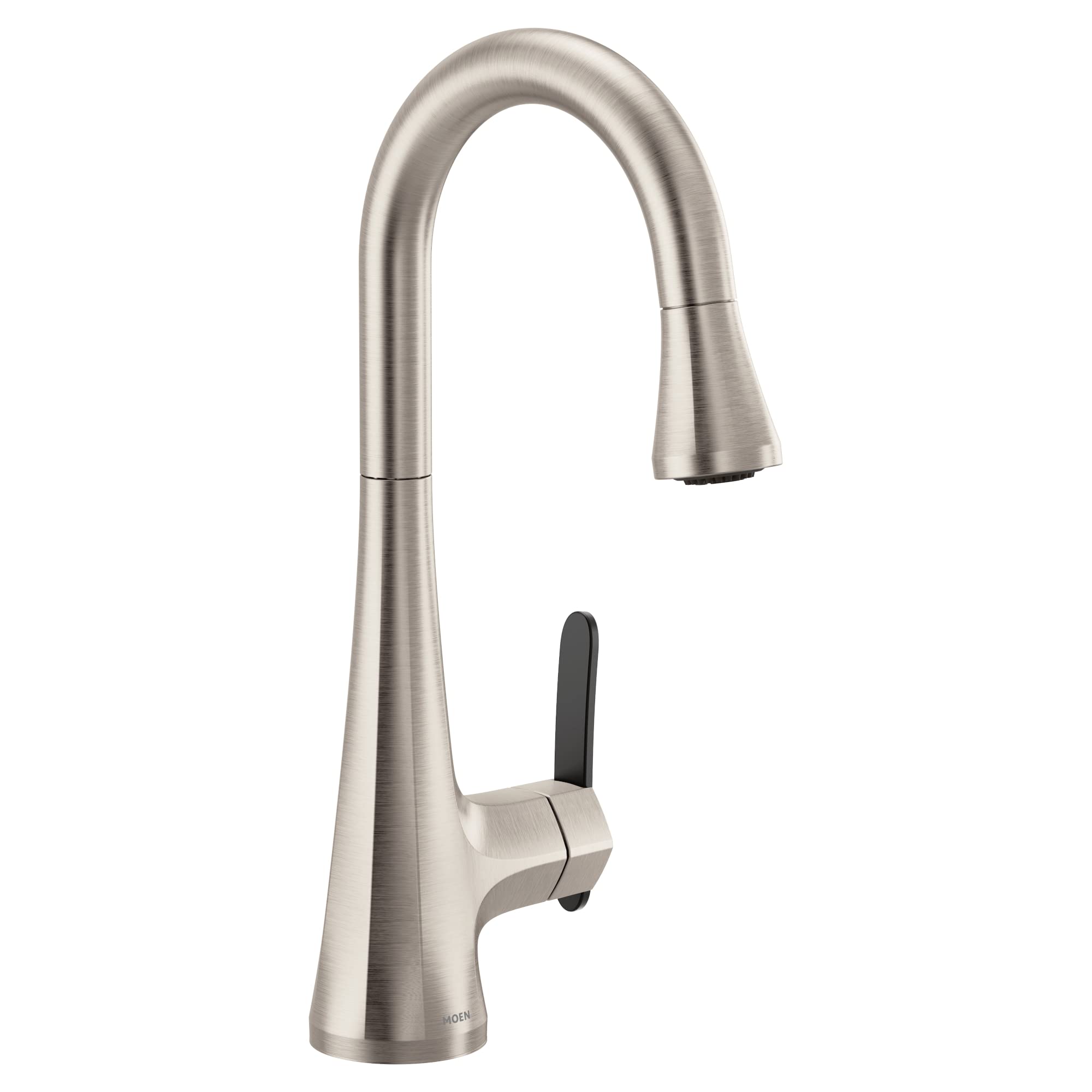 Stainless steel pulldown kitchen faucet with high arc spout, single handle, and black accent lever.